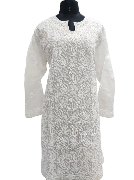 Cotton Casual Wear White Chikan Kurti With Lucknowi Embroidery, Size:  Medium, Wash Care: Handwash at Rs 899 in Lucknow